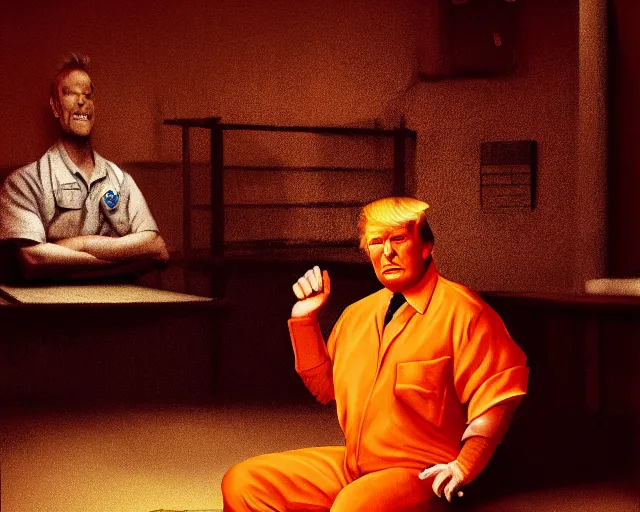 Image similar to a portrait of Donald trump sitting on the floor of a filthy jail cell lit by spotlight, dimly lit, wearing a orange jumpsuit in jail by craig mullins and norman rockwell, octane, 35mm photo,