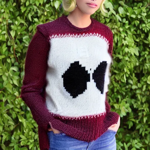 Image similar to a hand knit wool sweater with a lady gaga face pattern