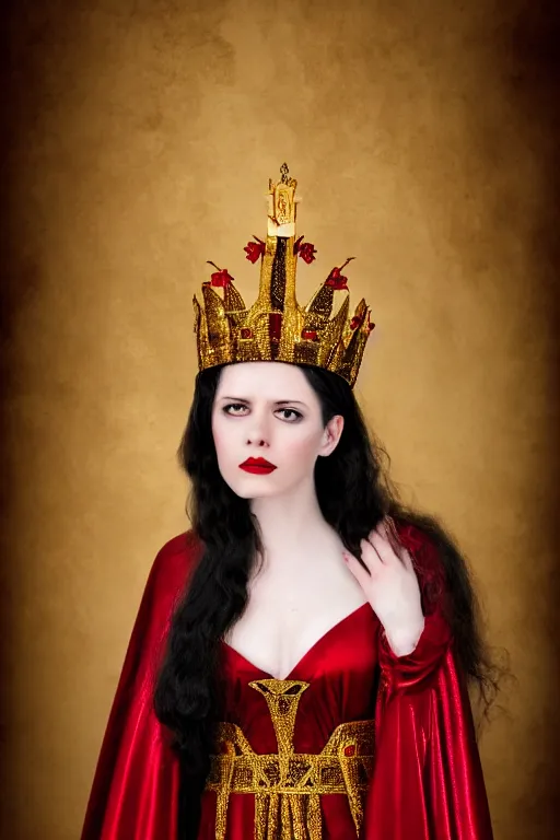 Prompt: adult portrait of historically accurate, ancient biblical, sultry, sneering, evil, pagan, wicked, young queen jezebel, wearing gilded red robes, long black hair, intricate, elegant, highly detailed, digital photograph, photorealistic, 8k, cinematic, smooth, sharp focus