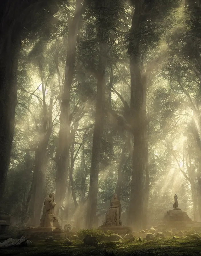 Image similar to an ancient temple with statues lost in a gigantic forest by maena paillet, painting, cinematography, epic lighting, volumetric, fog, god rays