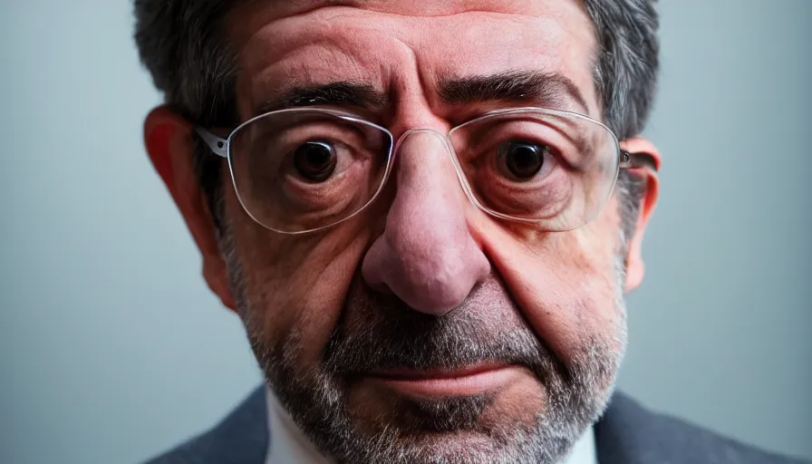 Image similar to hyper-realistic and anamorphic 2010s movie still close-up portrait of Jean-Luc Mélenchon, by Irving Penn, Leica SL2 50mm, beautiful color, high quality, high textured, detailed face