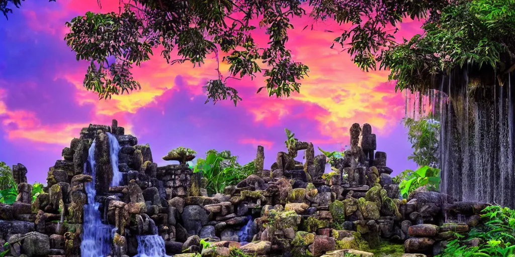 Prompt: ancient forest stone temple with a waterfall and colorful tropic mango trees, banana trees, orange trees, papaya trees, sunset, high definition, high detail, photorealisitc, 8k,