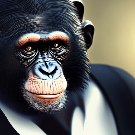 Image similar to a high detail shot of a chimp wearing a suit, smoking, unreal engine