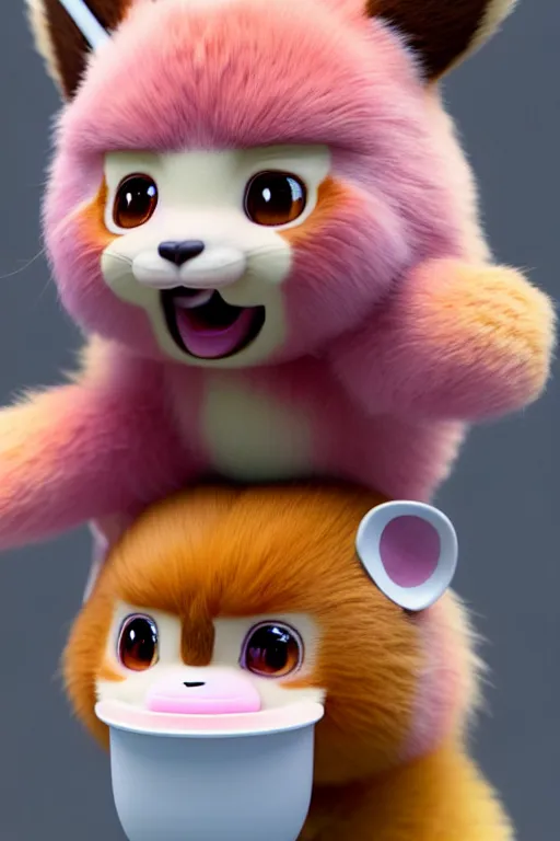 Image similar to high quality 3 d render hyperrealist very cute pastel fluffy! red panda & tarsier hybrid eating giant ice cream full body, vray smooth, in the style of detective pikachu, hannah yata charlie immer, very dramatic pink light, low angle, uhd 8 k, shallow depth or field