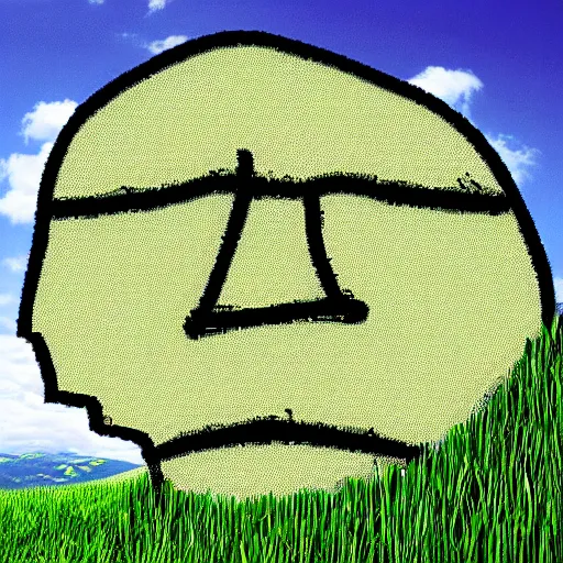 Prompt: a face cleverly camouflaged in the grass on the windows XP background