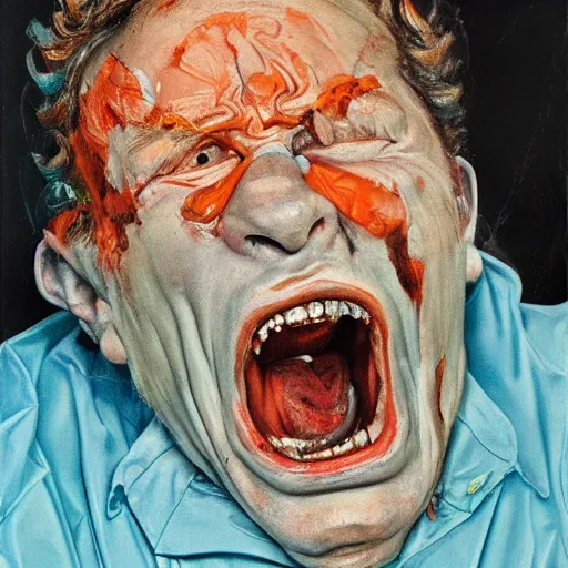 Prompt: high quality high detail painting of a man screaming in agony by lucian freud and jenny saville and francis bacon, hd, anxiety, turquoise and orange