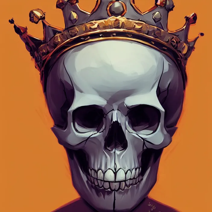 Prompt: a skull with the crown of a king, in the style of artgerm, charlie bowater, sam guay, atey ghailan and mike mignola, vibrant colors and hard shadows and strong rim light, plain background, comic cover art, trending on artstation