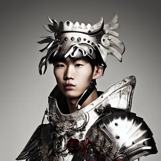 Image similar to a portrait of a beautiful young chinese male wearing an alexander mcqueen armor , photographed by andrew thomas huang, artistic