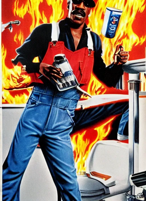 Prompt: an 8 0's action movie poster starring eddie murphy as a plumber to rich people. he's in a large bathroom. overalls. toliet shooting flames in the background tool belt. in the art style of stephen bliss. the movie is titled beverly hills crap
