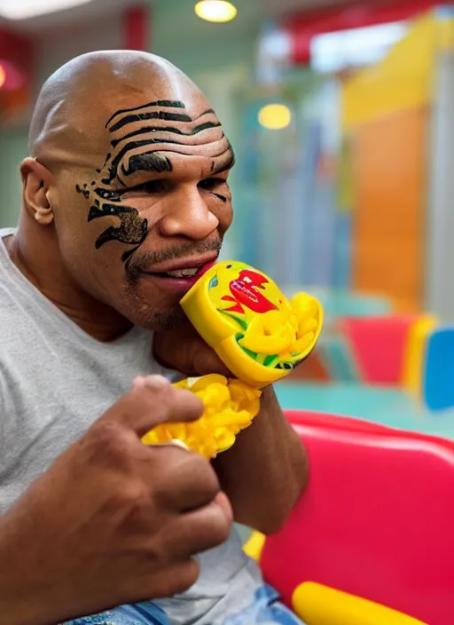 Image similar to Mike Tyson eating a happy meal in the McDonalds play place, photograph, high quality, detailed, sharp