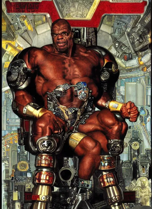 Image similar to portrait of ronnie coleman as cyborg super villain sitting on throne, by lawrence alma tadema and rick berry and norman rockwell and greg staples and jack kirby