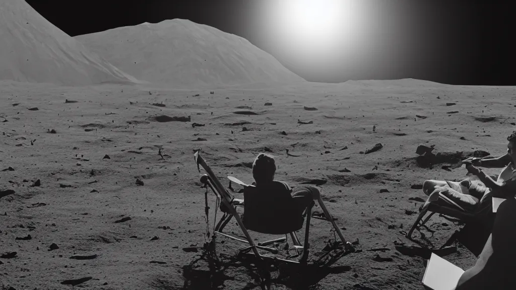 Prompt: A highly photographic render of Leonardo DiCaprio on the Moon, sitting on a lawn chair reading a book facing the camera. Medium shot, rim lighting, cinematic lighting, octane engine, photo realistic image, 4K, super detailed, cinematic look