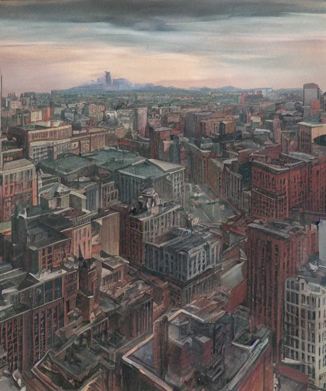 Image similar to horrifying full color photorealistic painting of the view from a 1 9 2 5 hotel terrace balcony overlooking a warped view of downtown boston in 1 9 2 5 with a cosmic sky, dark, atmospheric, brooding, smooth, finely detailed, cinematic, epic, in the style of paul carrick