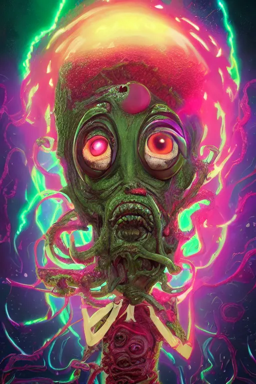 Image similar to rick and morty exploding head fused with a lovecraft fat space zombie wearing a exploding wig and a pirate patch, laser eye, photo, portrait, 3d, high details, intricate details, by vincent di fate, artgerm julie bell beeple, 90s, Smooth gradients, octane render, 8k, volumetric lightning, High contrast, duo tone, depth of field, very coherent symmetrical artwork