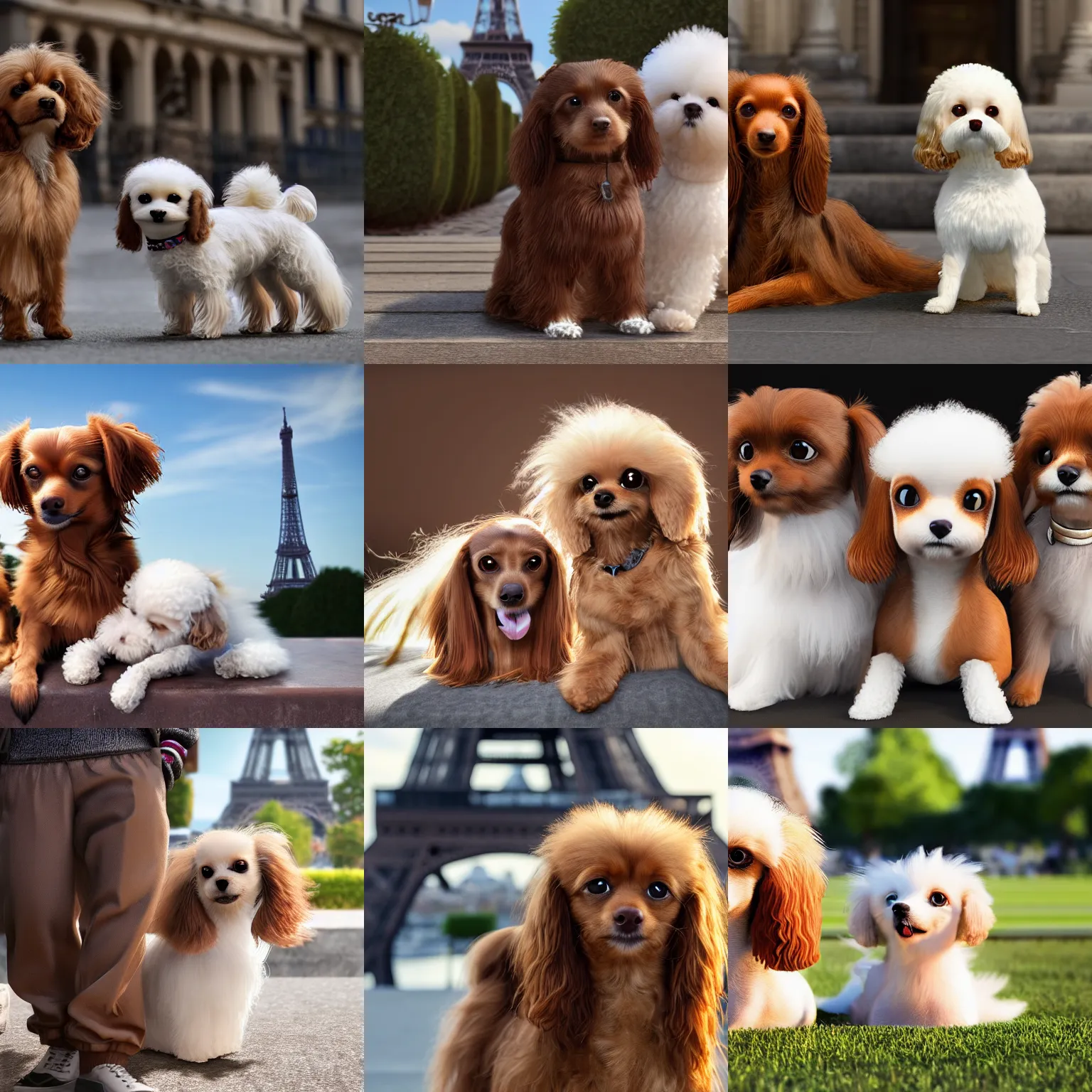 Prompt: a photorealistic closeup image of a cute brown colored long haired chihuahua cocker spaniel dog with a happy white bichon frise dog in paris near the eiffel tower. brightly lit. extreme detail. 4 k hd unreal engine