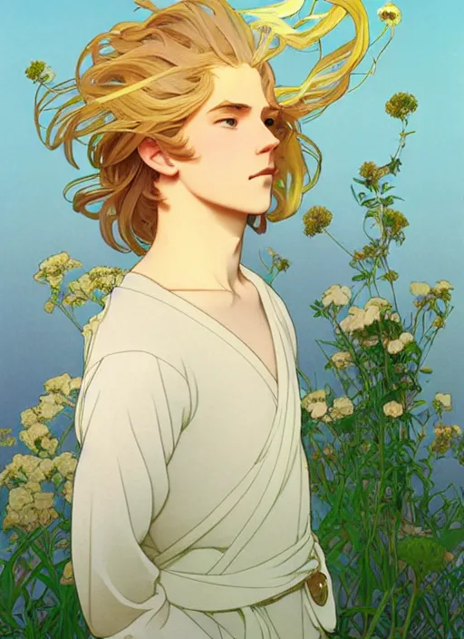 Image similar to pretty young man with shoulder length blond hair, male, half body shot, path traced, highly detailed, high quality, digital painting, by studio ghibli and alphonse mucha, leesha hannigan, hidari, art nouveau, chiho aoshima, posuka demizu