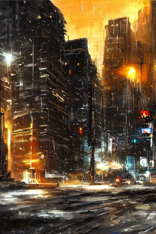 Prompt: a cyberpunk city snowy night landscape with a pile of rubble with a corner wall with a window and the light shining through. dark contrast oil painting