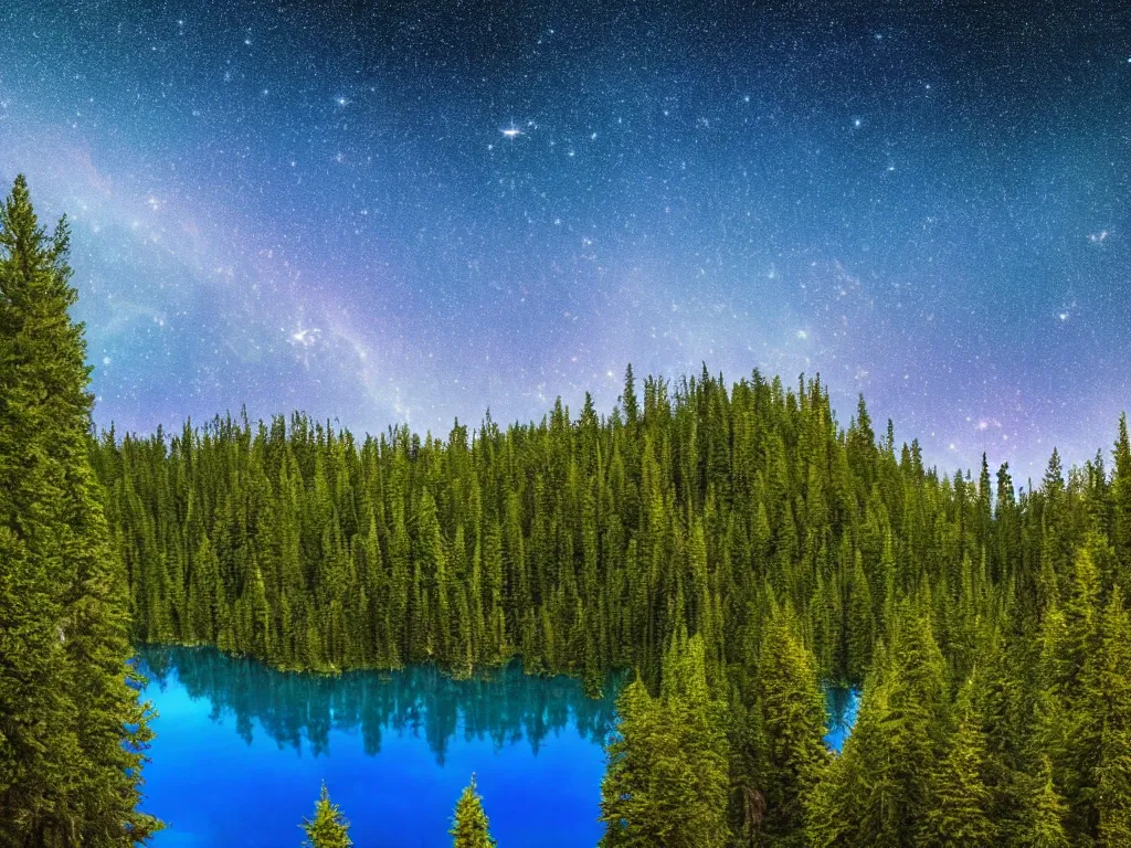 Image similar to nebula above a clear blue lake in the middle of an evergreen forest