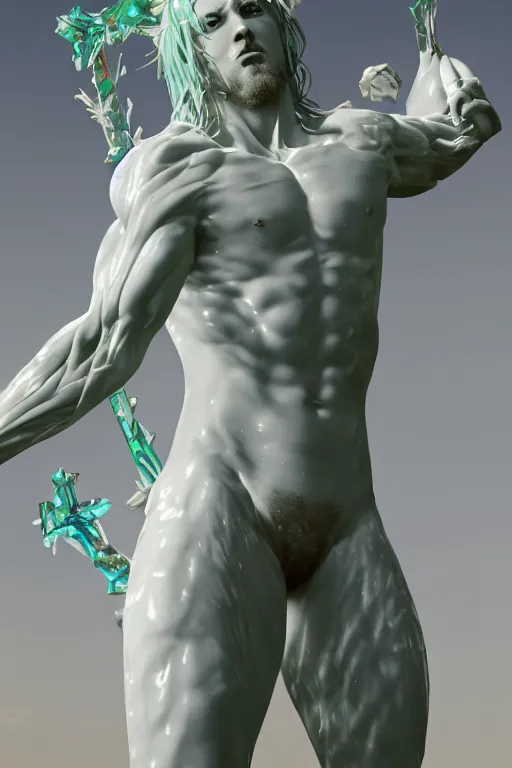 Prompt: photo of fullbody rococo and cyberpunk delicate neon crystalline sculpture of a hulking herculean muscular onyx albino marble prince jesus christ as an mint iridescent humanoid deity, crown of thorns, cinematic lighting, photorealistic, octane render, 8 k, depth of field, 3 d