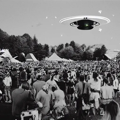 Image similar to a picture of an ufo above an hippie festival in the 6 0's, black and white