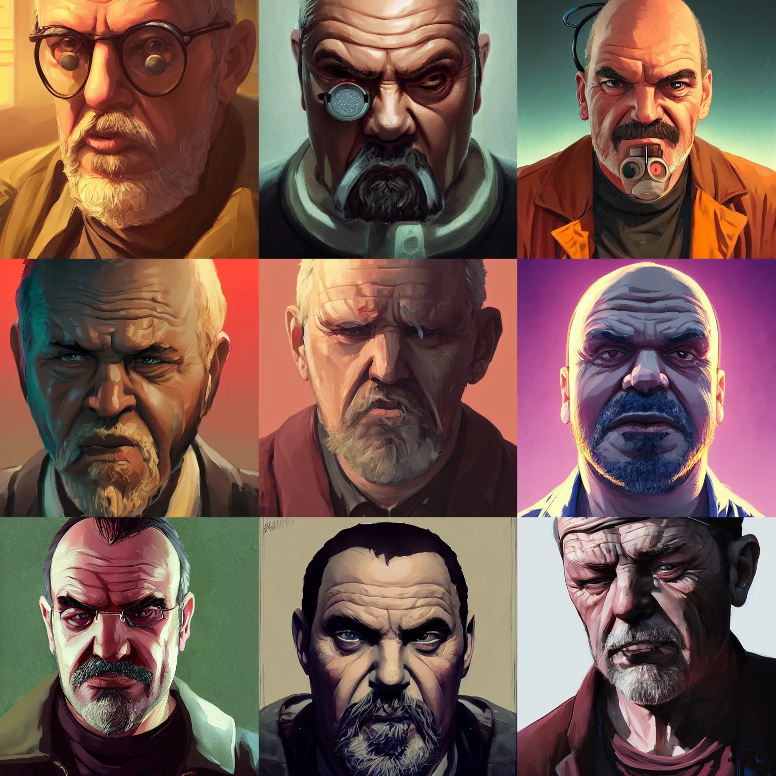 Prompt: centered mid ground full face portrait of an old man without glasses with a round face, a salt and pepper goatee and a stern look, cyberpunk dark fantasy art, gta 5 cover, official fanart behance hd artstation by jesper ejsing, by rhads, makoto shinkai and lois van baarle, ilya kuvshinov