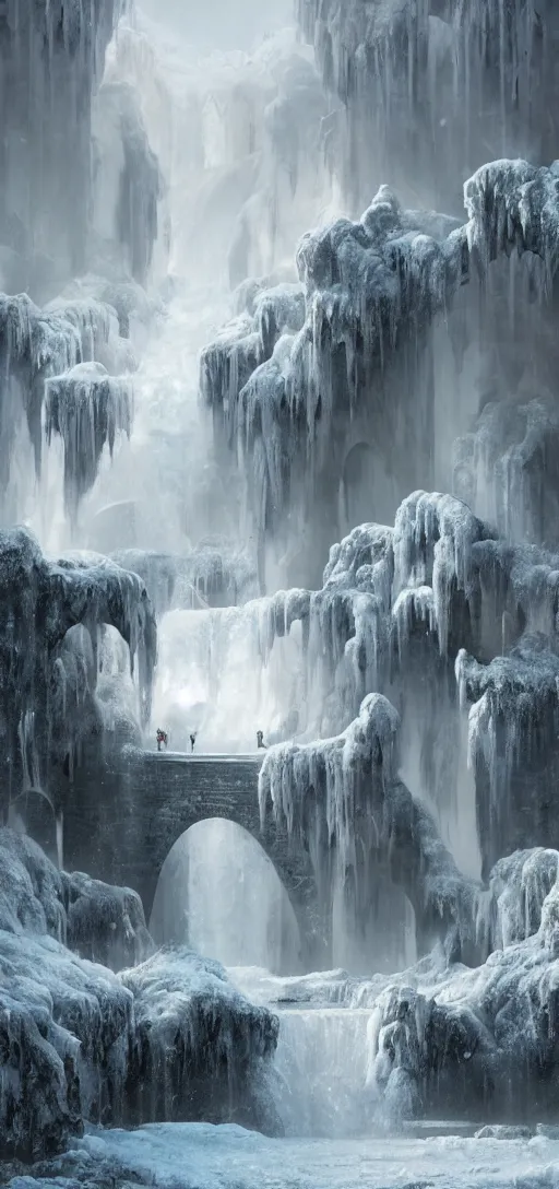 Image similar to a gigantic PALACE made of CRYSTAL stone with arches and bridge on top of a WATERFALL in the SNOW , blizzard, a small stream runs beneath the waterfall, landscape, raphael lacoste, eddie mendoza, alex ross, concept art, matte painting, highly detailed, rule of thirds, dynamic lighting, cinematic, detailed, denoised, centerd