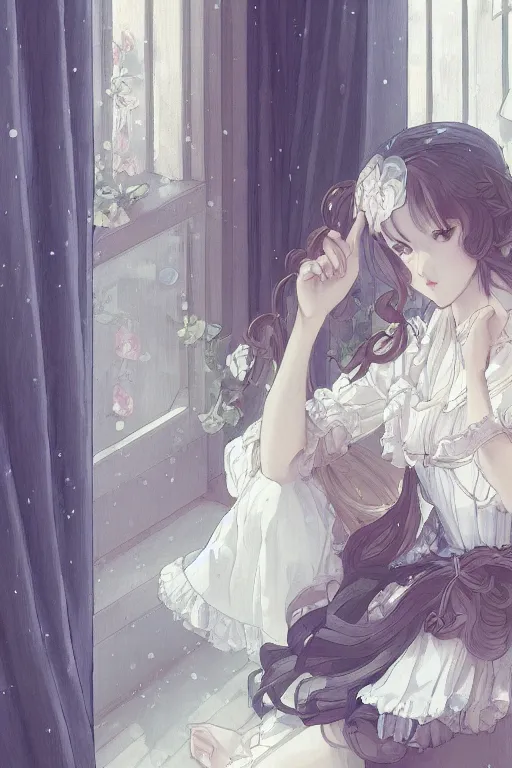 Image similar to a young lolita dressed girl in a maid's outfit in the bedroom typing front the notebook at night, raining outside the window, grey and blue theme, wavy white long hair by krenz cushart and mucha and akihito yoshida and makoto shinkai and greg rutkowski, 4 k resolution