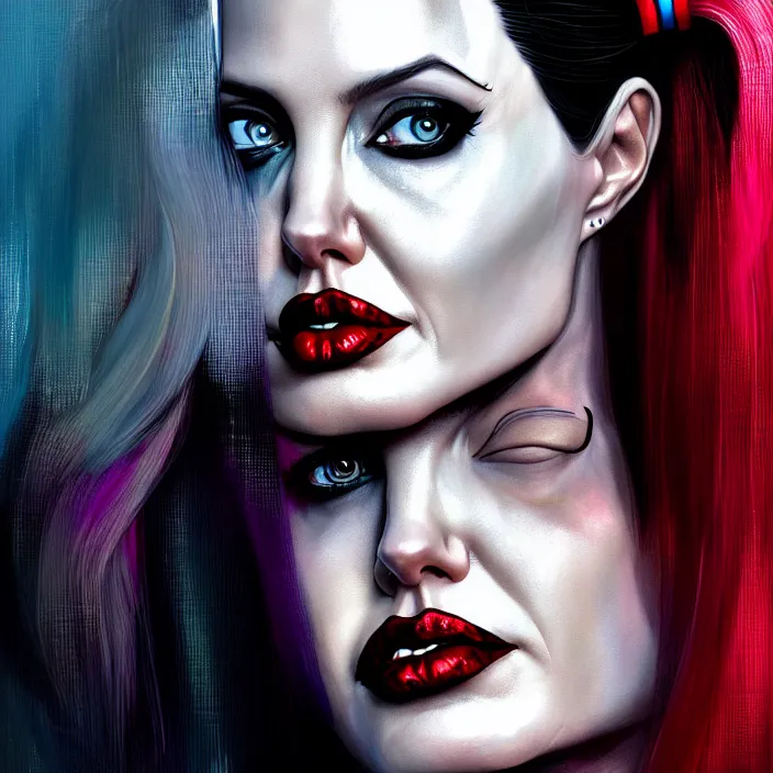 Image similar to portrait of Angelina Jolie as a harley quinn. intricate abstract. intricate artwork. by Tooth Wu, wlop, beeple, dan mumford. octane render, trending on artstation, greg rutkowski very coherent symmetrical artwork. cinematic, hyper realism, high detail, octane render, 8k, iridescent accents