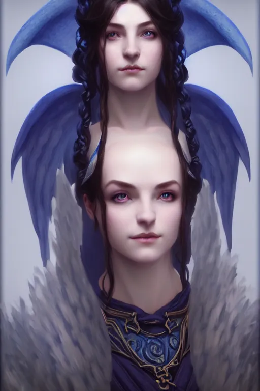 Image similar to a portrait of a Tiefling with blue skin and wings , illustration, soft lighting, soft details, painting oil on canvas by Edmund Blair Leighton and Charlie Bowater octane render trending on artstation d&d characters, 4k, 8k, HD