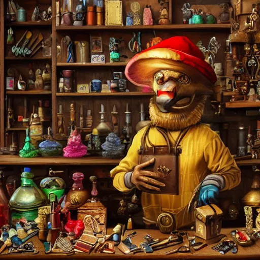 Image similar to A Anthropomorphized parrot trader in his shop, selling his wares, portrait, items, gold, carpet, window, sly expression, cunning expression, presenting wares, holding a gold bag, D&D, fantasy, intricate, cinematic lighting, highly detailed, digital painting, trending on artstation, concept art, smooth, sharp focus, illustration, warm light, cozy warm tint, magic the gathering artwork, volumetric lighting, 8k, art by Akihiko Yoshida, Greg Rutkowski