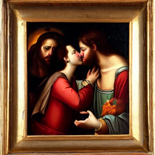 Image similar to an oil panting of a jesus kissing maria maddalena