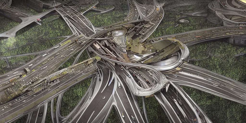 Prompt: cinematic still of hyper detailed highway realistic afro steampunk designed by frank lloyd wright architect, helicopters, deep perspective, wide angle, insanely detailed and intricate,