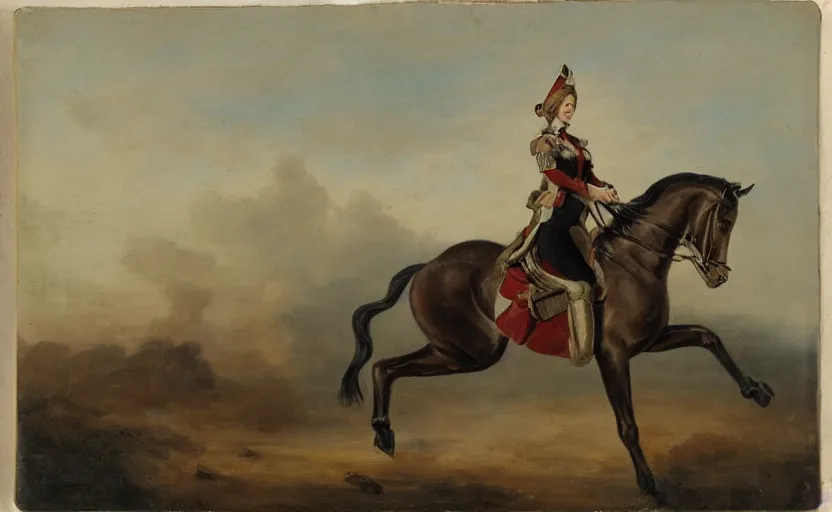 Image similar to woman in napoleonic dress standing on the back of a galloping horse on a battlefield