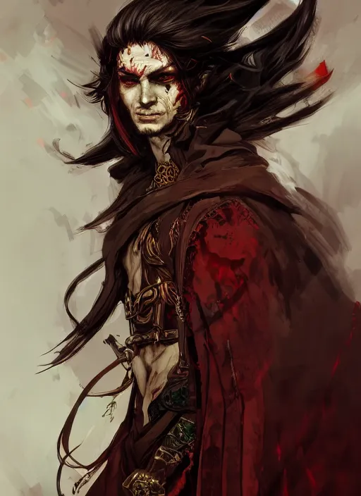 Image similar to Half body portrait of a handsome elf fire mage with long brown hair wearing ornate scarlet robe, scarred face. In style of Yoji Shinkawa and Hyung-tae Kim, trending on ArtStation, dark fantasy, great composition, concept art, highly detailed, dynamic pose.