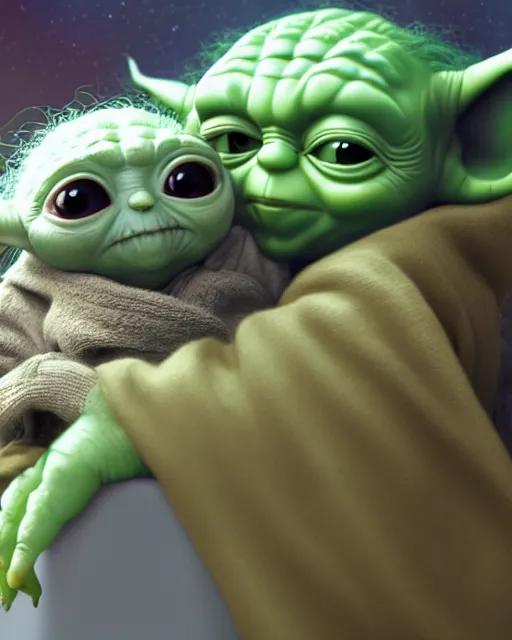 Prompt: an adorable portrait of yoda and grogu, baby yoda sleeping comfortably next to yoda, disney, in the style of pixar, photorealistic, 4 k, high resolution