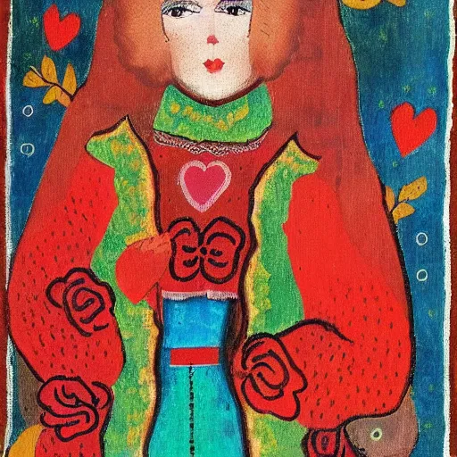 Prompt: russian folk art. young woman with many hearts. autumnal colours