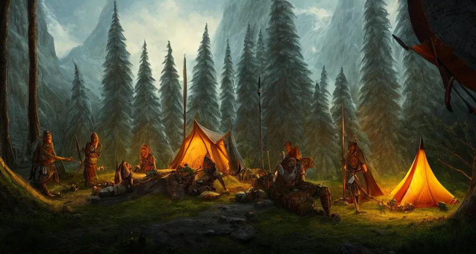 Image similar to an epic fantasy adventurer's camp with a hide tent 4 k, extremely detailed. award winning, trending on artstation, 8 k, ultra wide angle