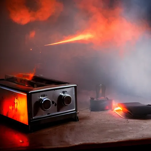 Image similar to cyborg with toaster oven chest, dark messy smoke - filled cluttered workshop, dark, dramatic lighting, orange tint, sparks, cinematic, highly detailed, sci - fi, futuristic, movie still