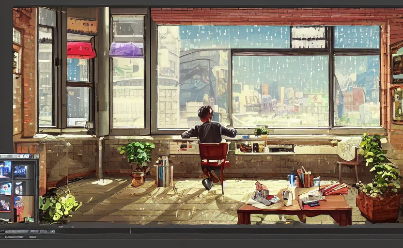 Image similar to Pulp-novel Character sitting and relaxing in front of their work desk in their cozy room as a peaceful rainy city scene is seen through the room's window. Smooth Highly detailed masterpiece pixel-art. in the style of Close Highly detailed masterpiece professional artistry Sega, Namco, Neogeo, Capcom artist's Pixel-art. Trending on artstation. Slice-of-life genre art. Balanced colors and lighting scheme by James Gurney and artgerm. In the style of a 'Music to chill/study' to youtube video.