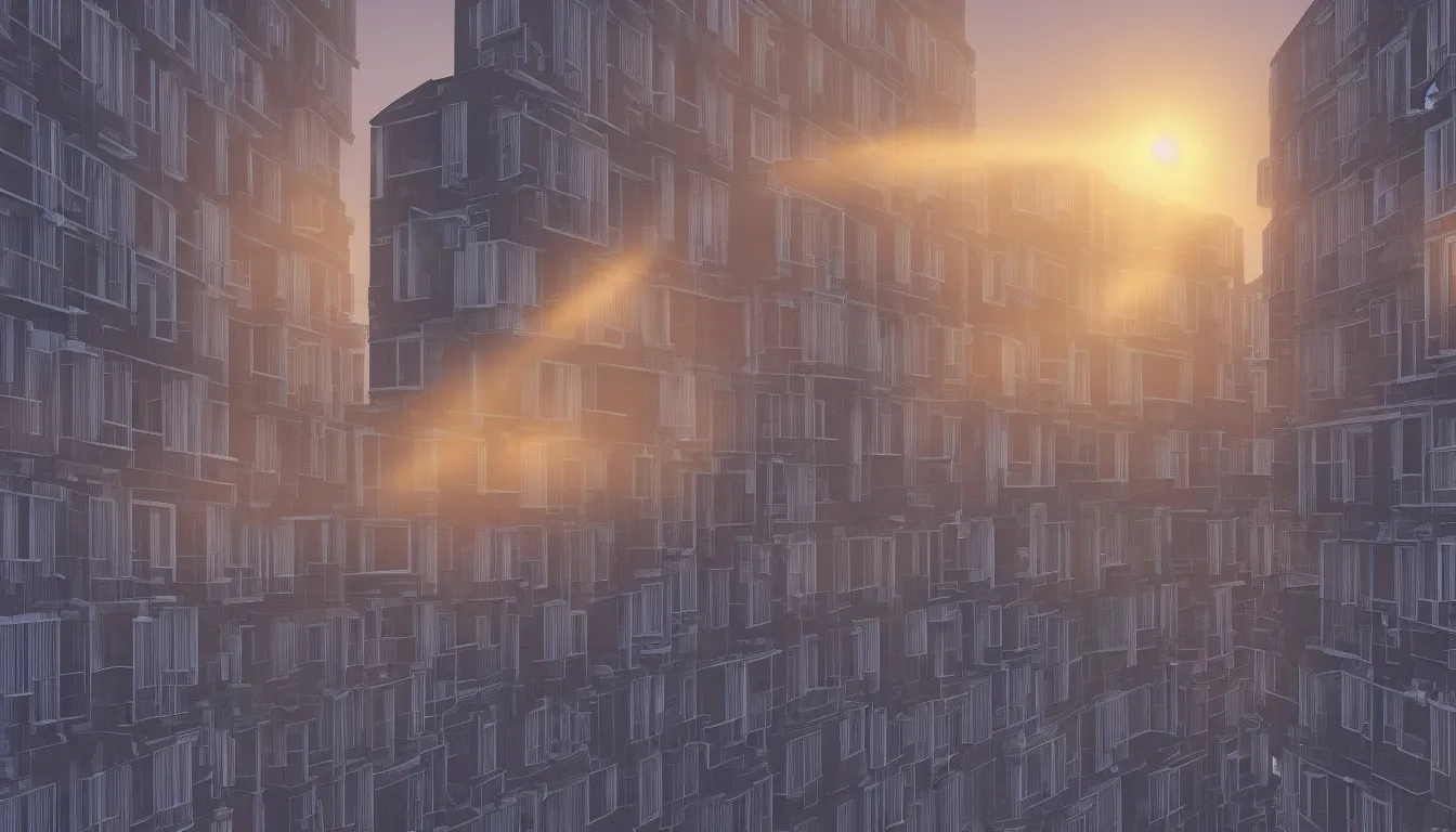 Image similar to Spying into the windows of a small tower block from outside , windows full of the private lives of the human inhabitants, volumetric lighting shines through the misty sunset sky , full color , 4K