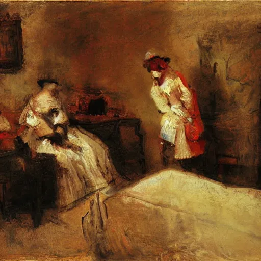 Prompt: two blurry figures in a messy room. scrumbling stylized abstract. By Rembrandt warm color scheme. Red white yellow brown.
