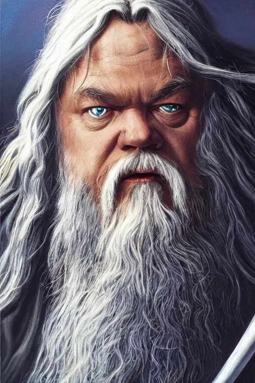 Prompt: A realistic portrait painting of Jack Black as Gandalf in LOTR by Sebastian Krüger