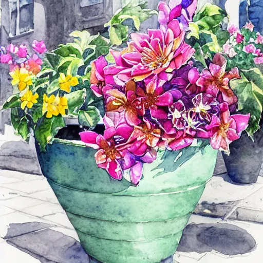 Image similar to a beautifull intricate watercolor painting of potted planter with flowers inside sitting on wet sidewalk, reflexions, high details by stephanie law art