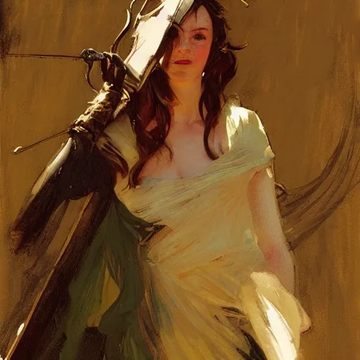 Image similar to annie edison as robin hood, intricate, elegant, highly detailed, greg manchess, mucha, liepke, ruan jia, jeffrey catherine jones, ridley scott