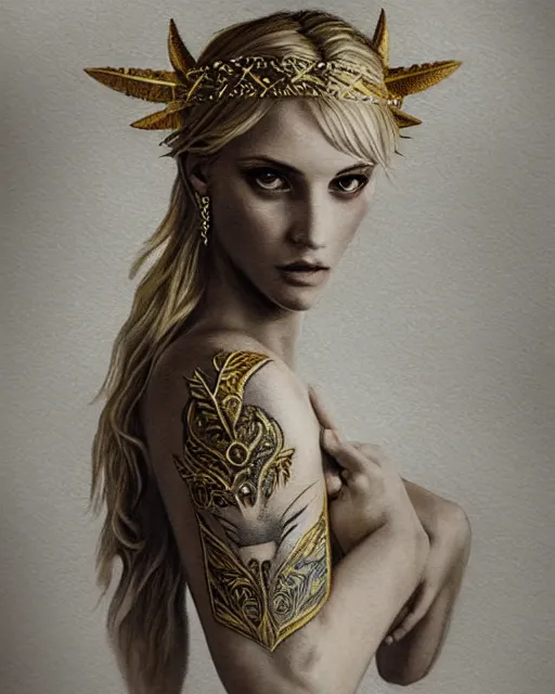 Image similar to tattoo sketch of blonde super model aphrodite greek goddess wearing a gold laurel wreath and triangle earrings, beautiful piercing gaze with sharp pupils, in the style of greg rutkowski, fantasy, amazing detail, epic, elegant, smooth, sharp focus, front view