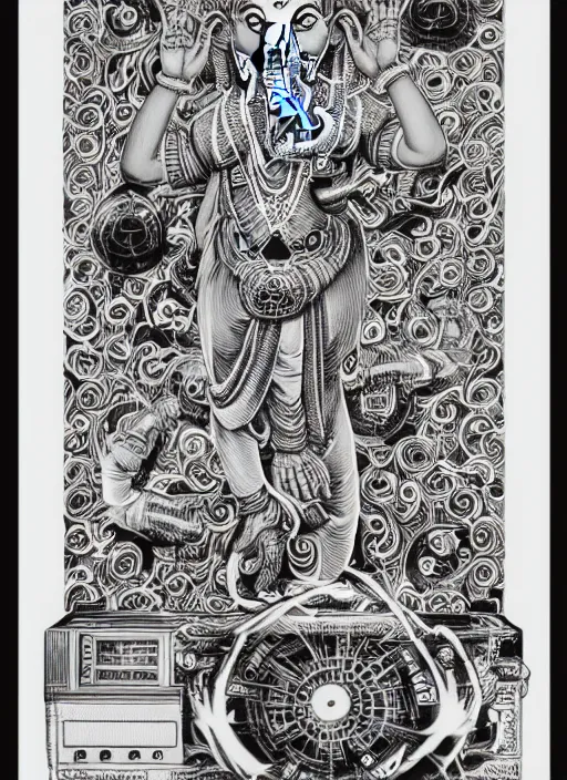 Prompt: black ink line art drawing, 6 armed ganesh dancing holding an old school boombox, high details, intricately detailed, by vincent di fate, artgerm julie bell beeple, inking, 1 9 9 0 s, vintage 9 0 s print, screen print