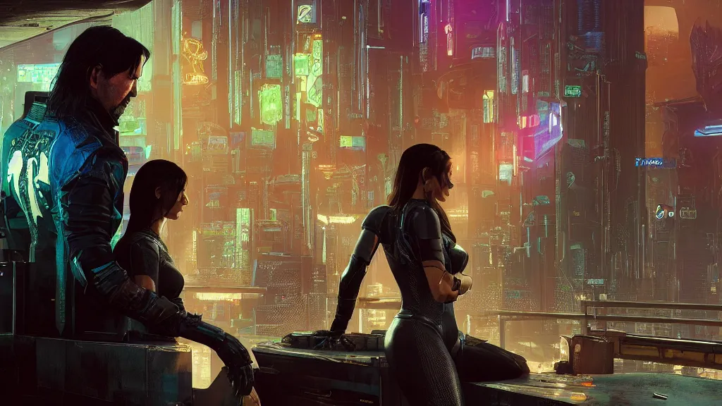 Image similar to a cyberpunk 2077 srcreenshot couple portrait of Keanu Reeves and V as a female android final kisse in night city,love,film lighting,by Lawrence Alma-Tadema,Andrei Riabovitchev,Laurie Greasley,Dan Mumford,John Wick,Speed,Replicas,artstation,deviantart,FAN ART,full of color,intricate,smooth,Digital painting,illustration,face enhance,highly detailed,8K,octane,golden ratio,cinematic lighting