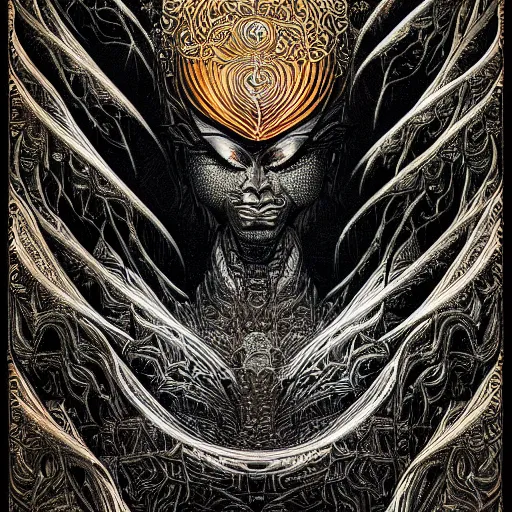 Prompt: detailed elven god, by Hokusai and James Gurney, Black paper with intricate and vibrant chromatic line work Tarot Card, Mandelbulb Fractal, Full of silver layers, Portrait, Trending on Artstation, Incredible orange and black gothic illustration