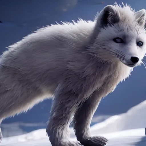 Image similar to Playstation 4 screenshot depicting an anthropomorphic arctic fox furry up as a character in Final Fantasy, octane render