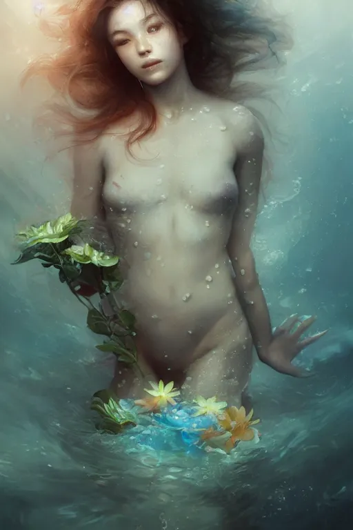 Image similar to face closeup a young beautiful girl drowned in water, underwater photography, swimming, 3 d render, hyper realistic detailed portrait, holding magic flowers, ruan jia, wlop. scifi, fantasy, hyper detailed, octane render, concept art, by peter mohrbacher, by wlop, by ruan jia